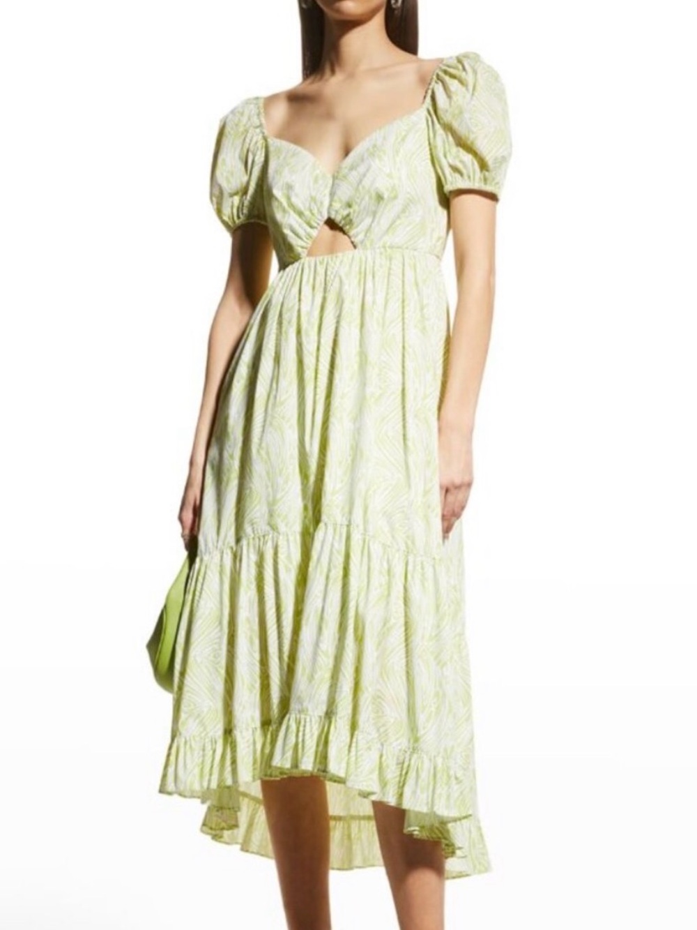cinq a sept Light Green Puff-Sleeve High-Low Midi Dress